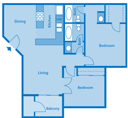 Floor plan for 2 beds, 2 baths, 845 sqft